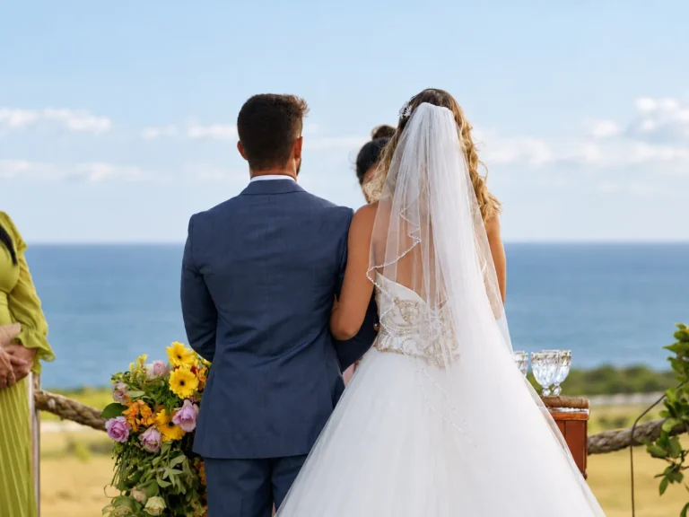 Noivos de costas diante do altar com flores e o mar azul ao fundo, em casamento na Bahia no Azorai