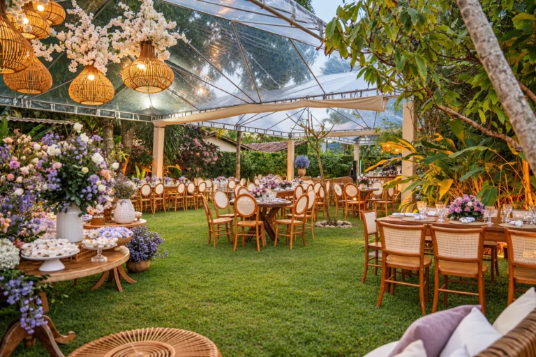 Recepção de casamento no jardim, sob tenda transparente com lustres de palha, no Azorai