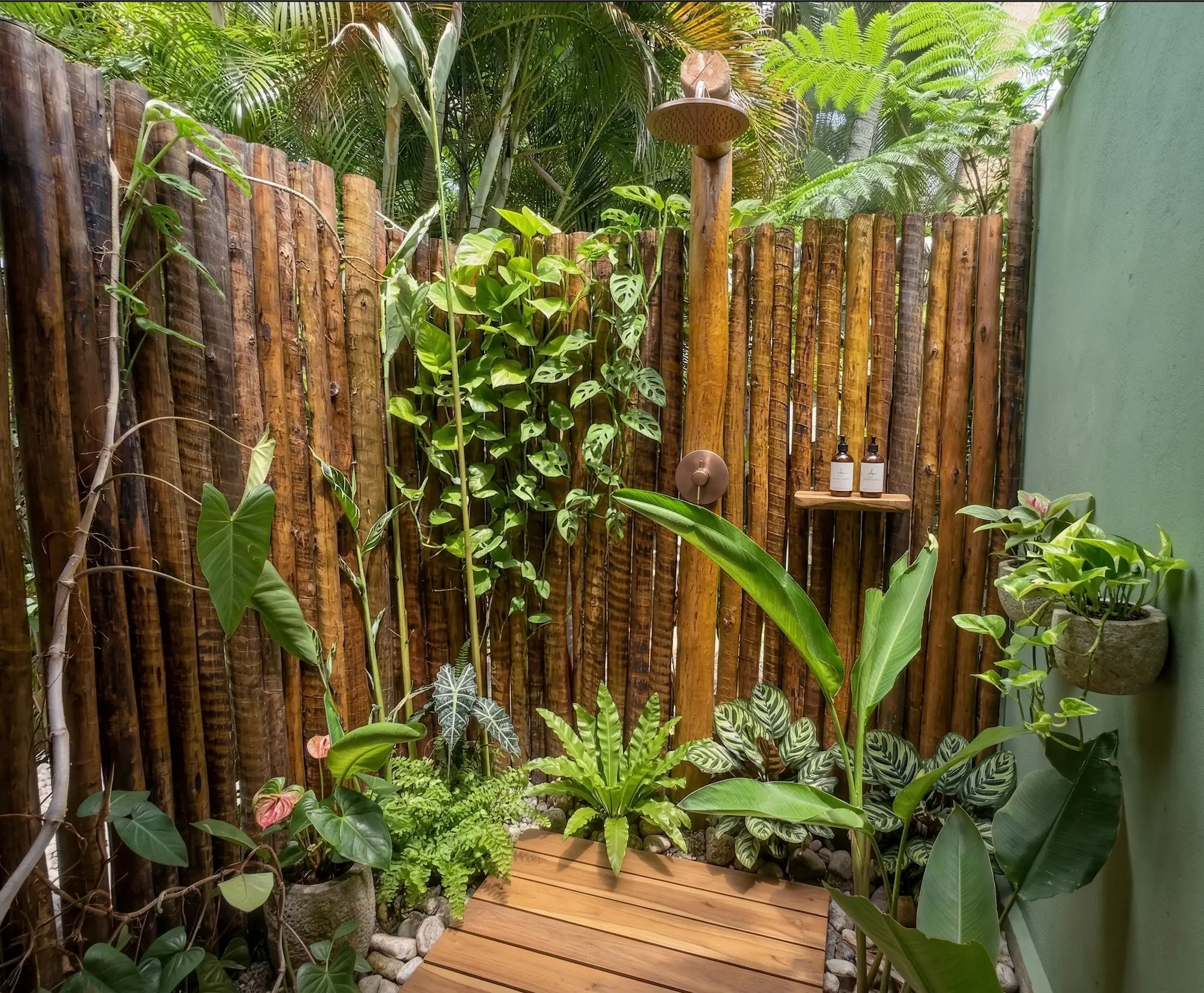 Chuveiro externo entre bambu e plantas tropicais no Chalé para 5 pessoas do Azorai