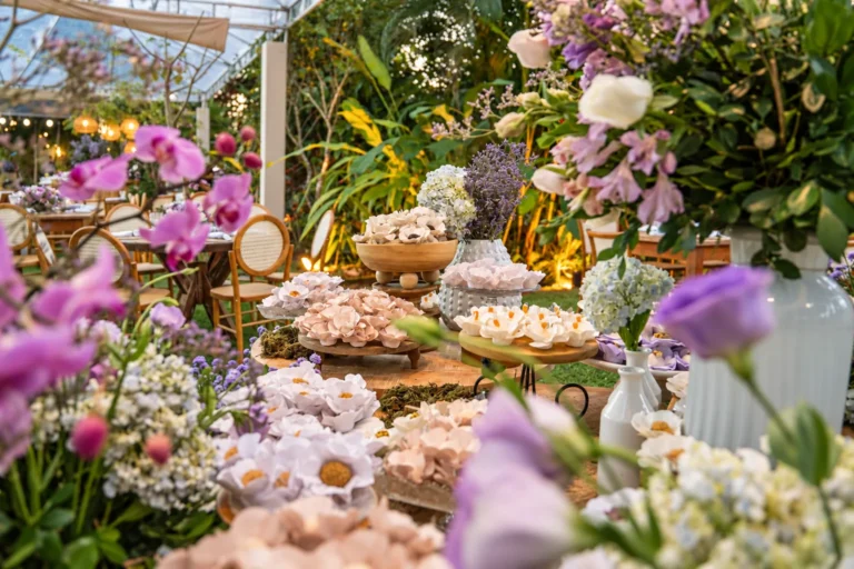 Mesa de doces com orquídeas e flores lilás em casamento no Azorai