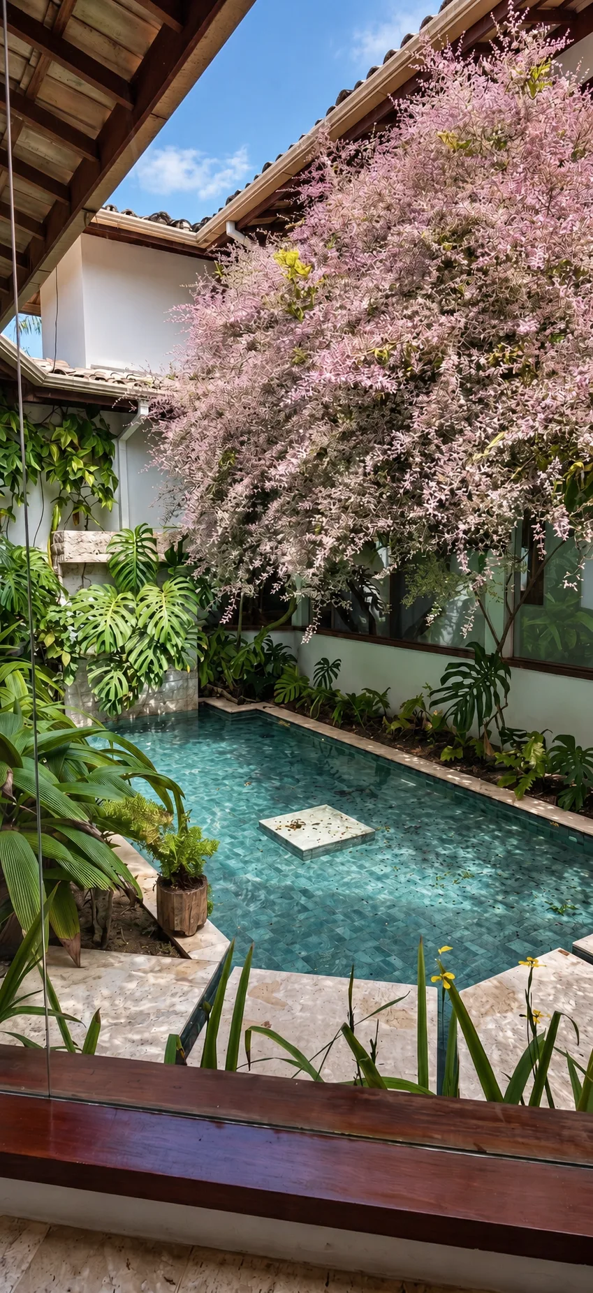 Innenhof mit Wasserbecken und tropischer Architektur im Azorai Hotel Boutique