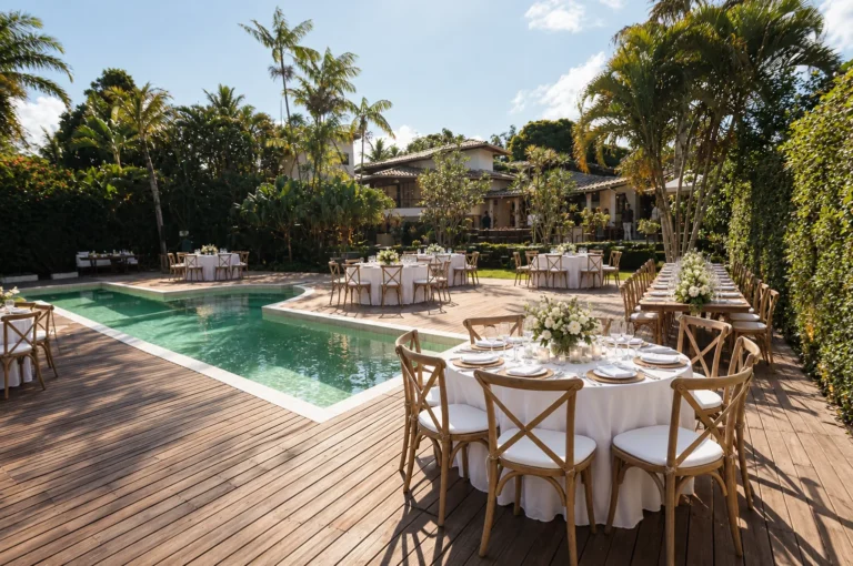 Mesas da recepção de casamento no deck da piscina, entre palmeiras, no Azorai