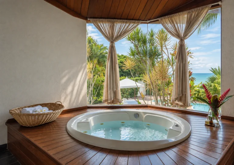 Hot tub on a wooden deck with curtains open to the tropical garden and the sea, in Azorai's Sea View Suite