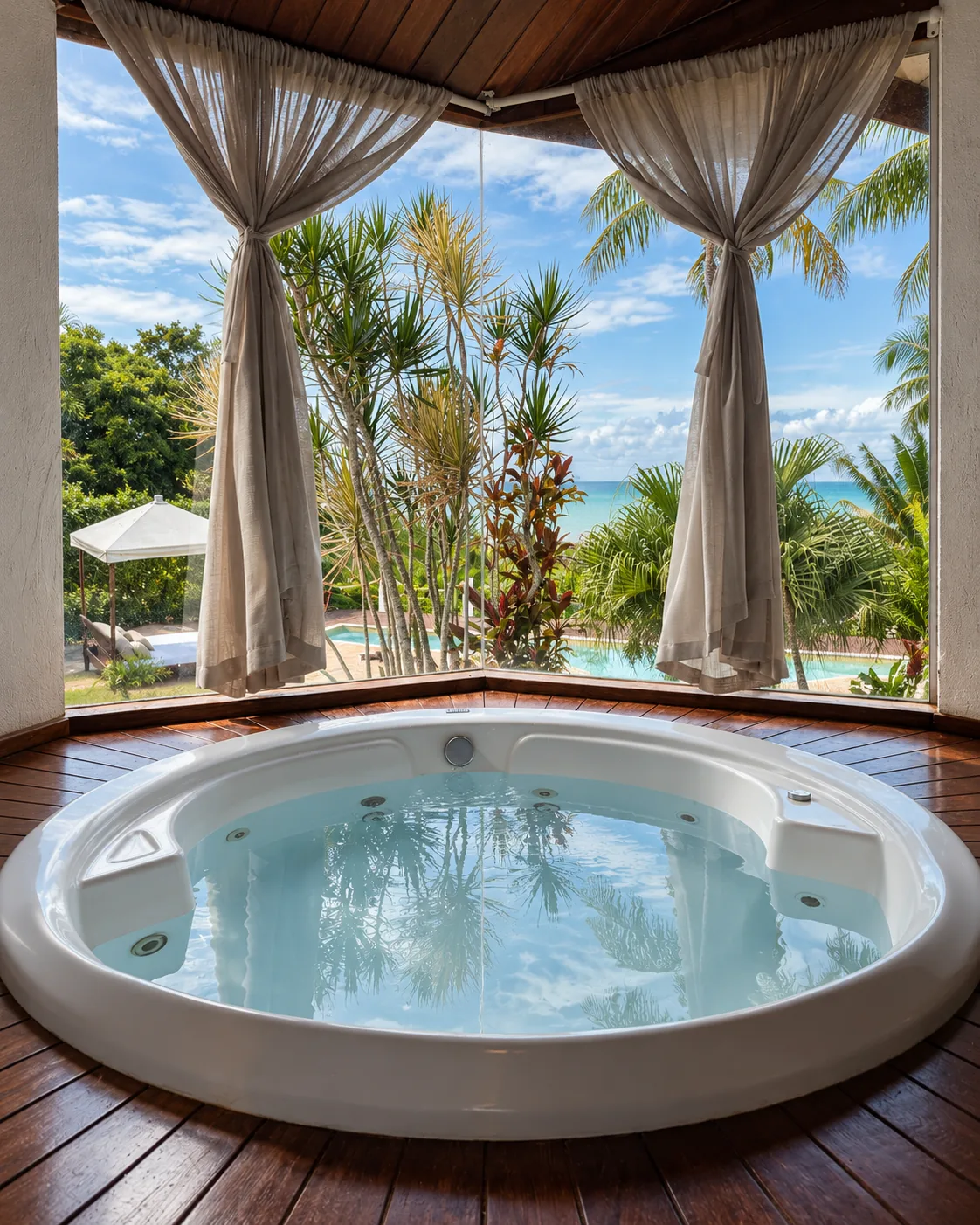 Baignoire jacuzzi ronde de la Suite Vue Mer de l'Azorai avec vue sur le jardin tropical et la mer